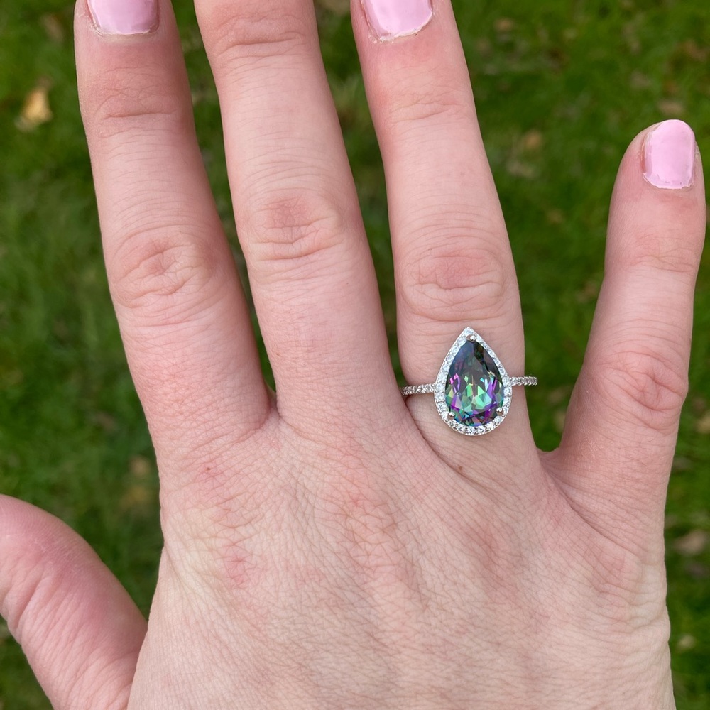 New Sterling Silver Genuine Mystic Topaz 4 CTTW Pear Shape Halo Ring Size 6.5 - Picture 4 of 6